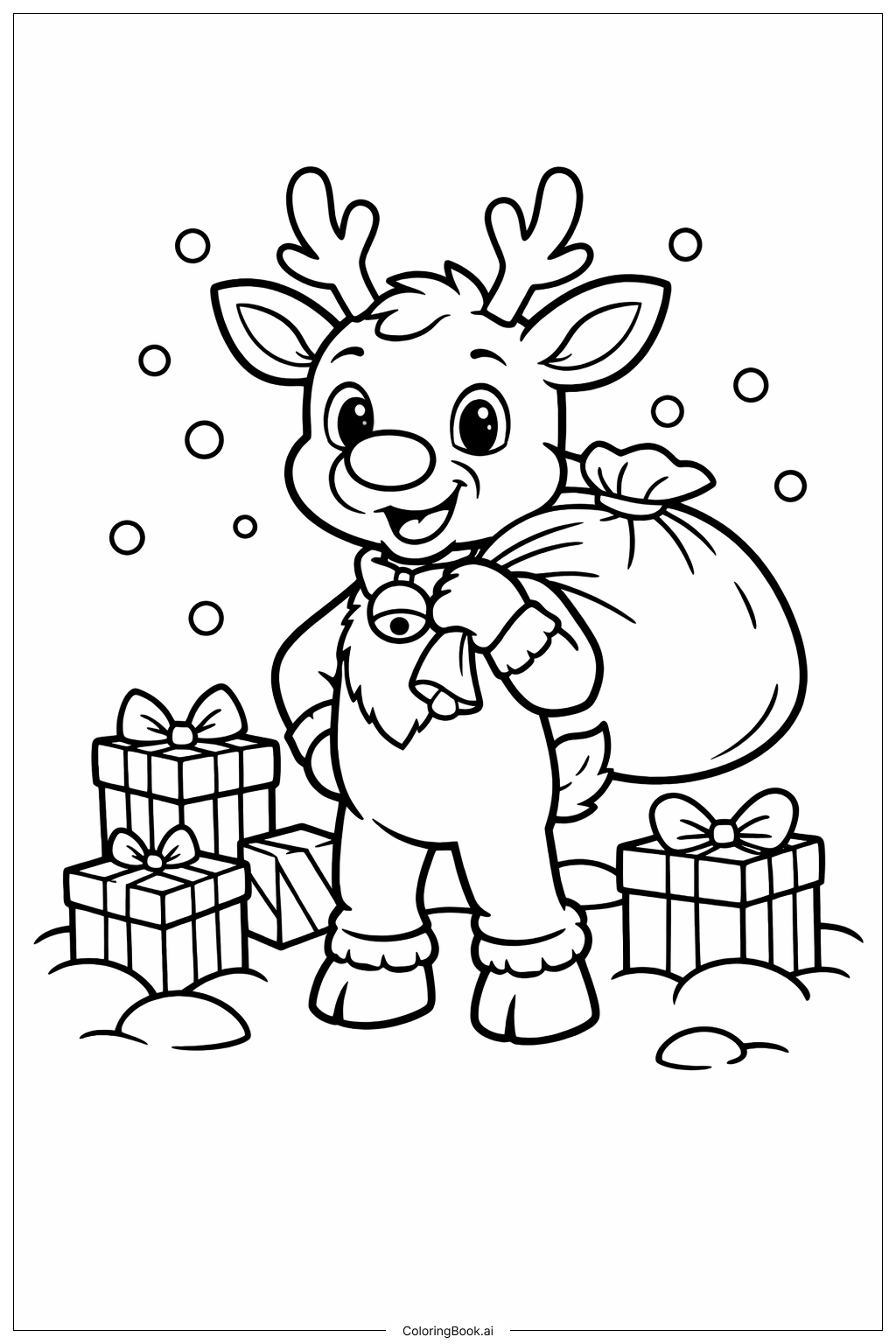  ギフト袋を持つルドルフの塗り絵ページ 