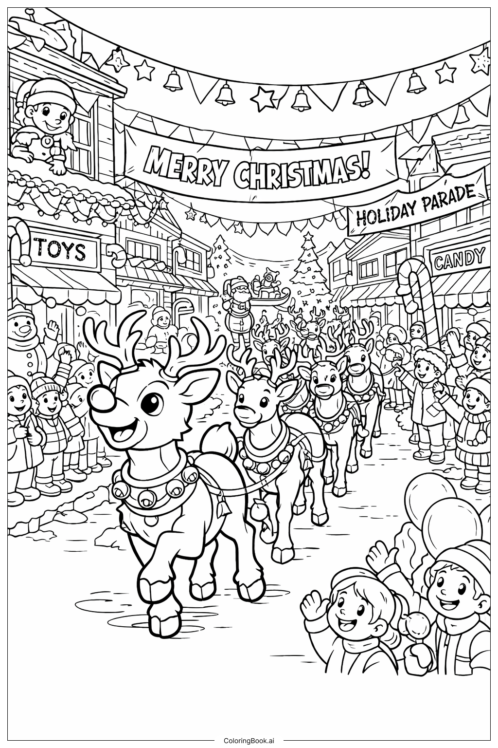  사슴 떼와 함께하는 루돌프 퍼레이드 색칠공부 페이지 
