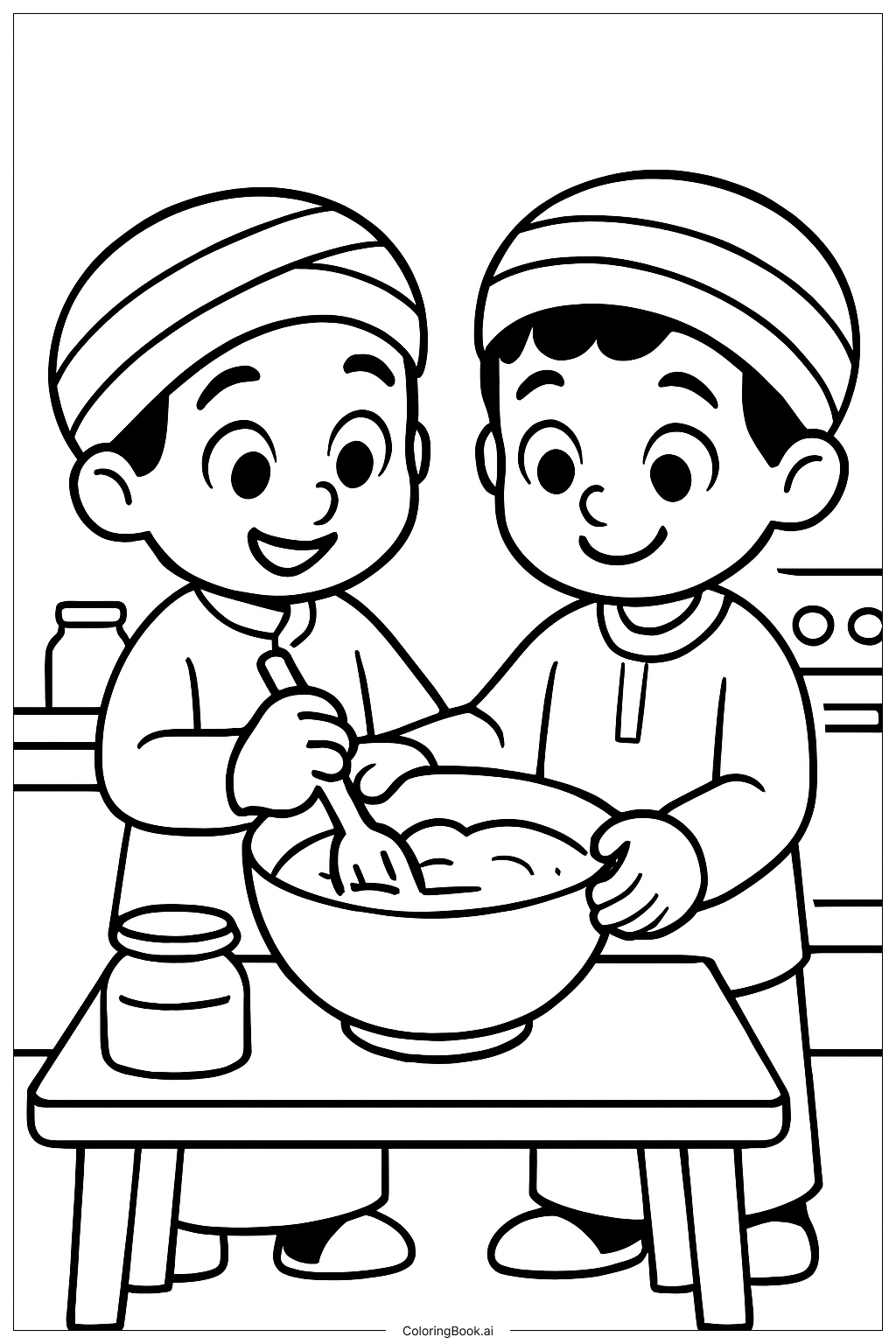 サジャボーイズと一緒にお菓子作りの塗り絵ページ