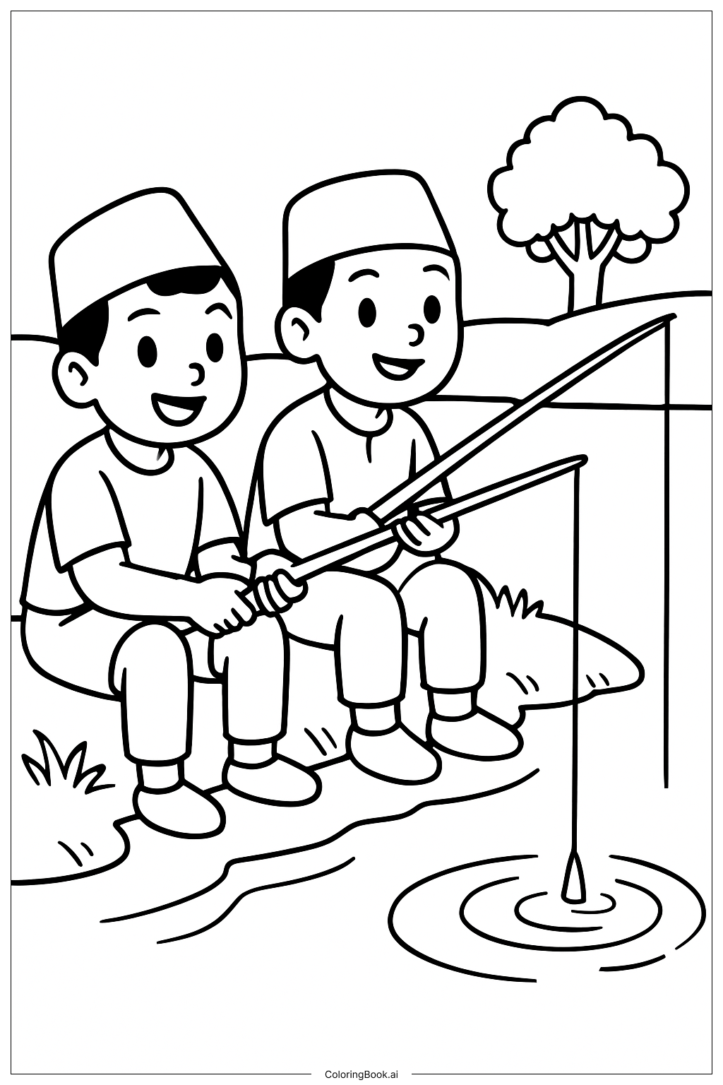 湖畔で釣りをするサージャの少年たちの塗り絵ページ