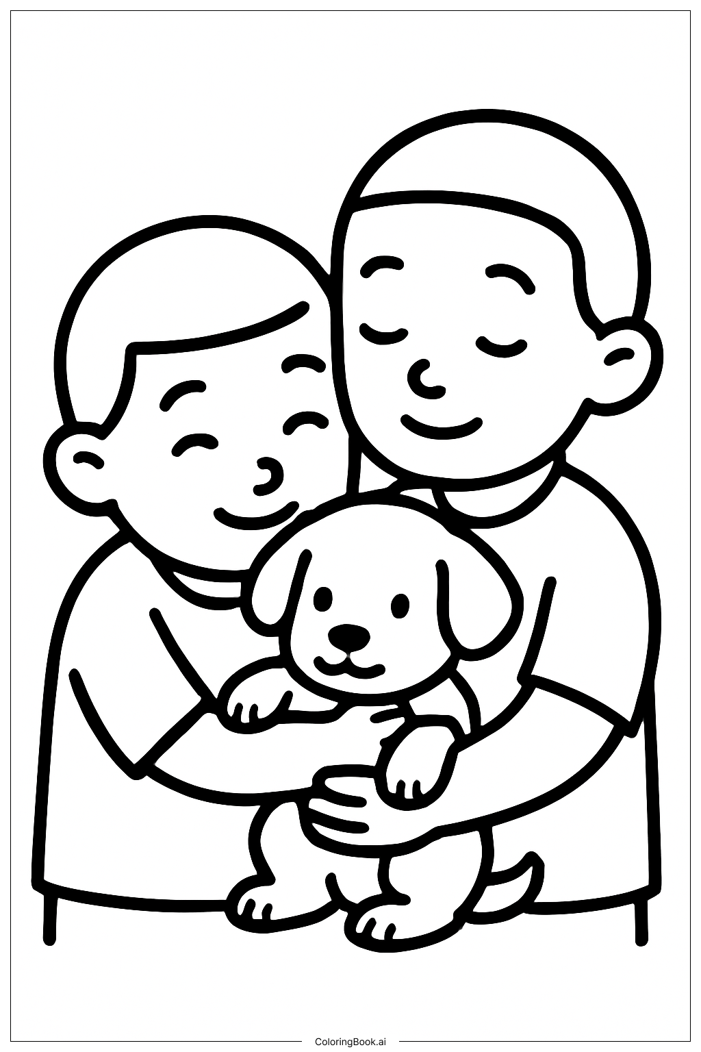 サジャの少年たちが子犬を抱きしめるの塗り絵ページ