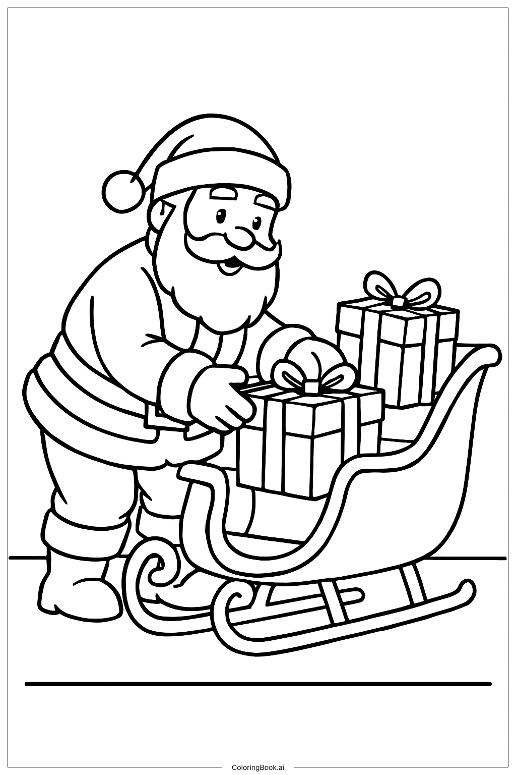 そりのそばのサンタクロースの塗り絵ページ