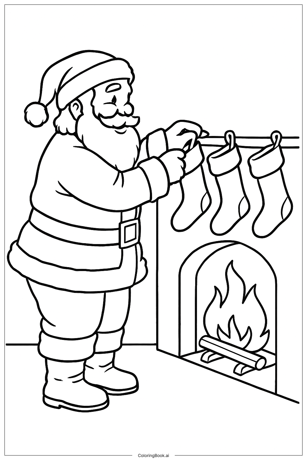 ストッキングを掛けたサンタクロースの塗り絵ページ