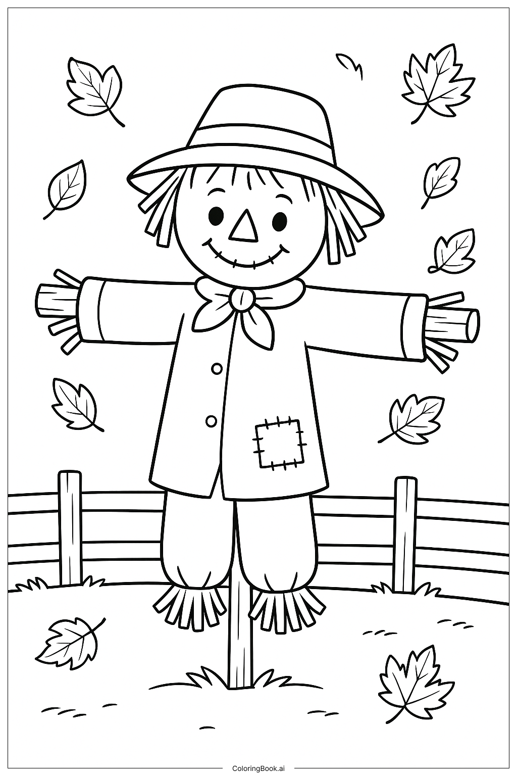 Página para colorir de Espantalho com Folhas de Outono