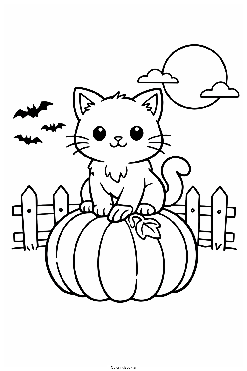  Gruseliger Halloween-Kater auf Kürbis Ausmalseite 