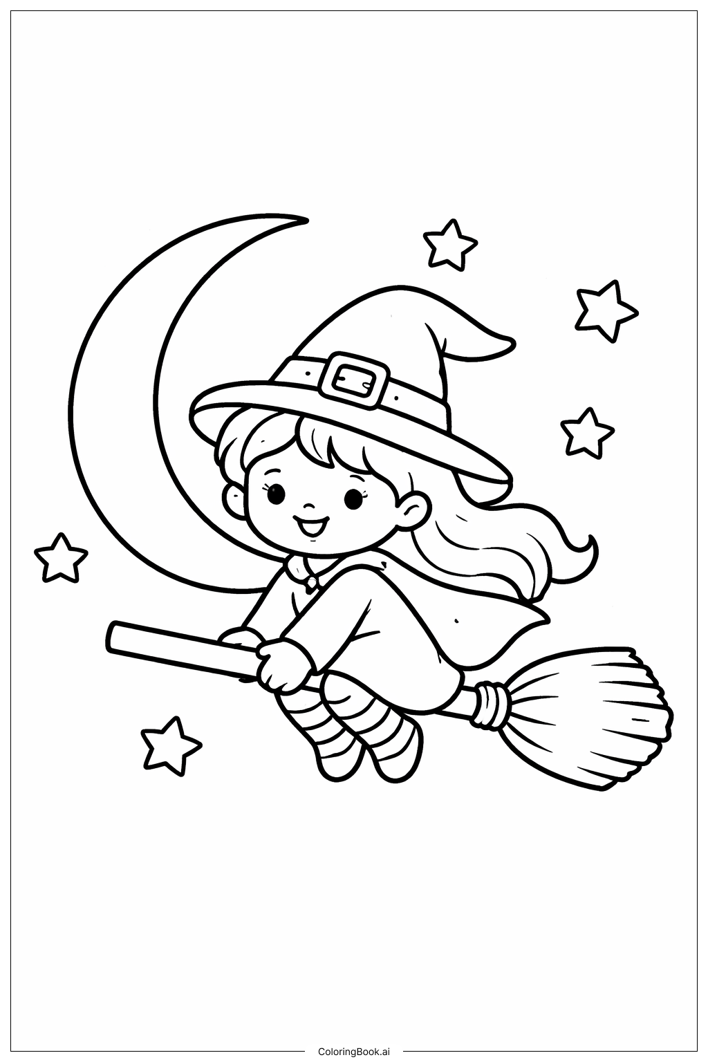  Gruselige Halloween Freundliche Hexe auf dem Besen Ausmalseite 