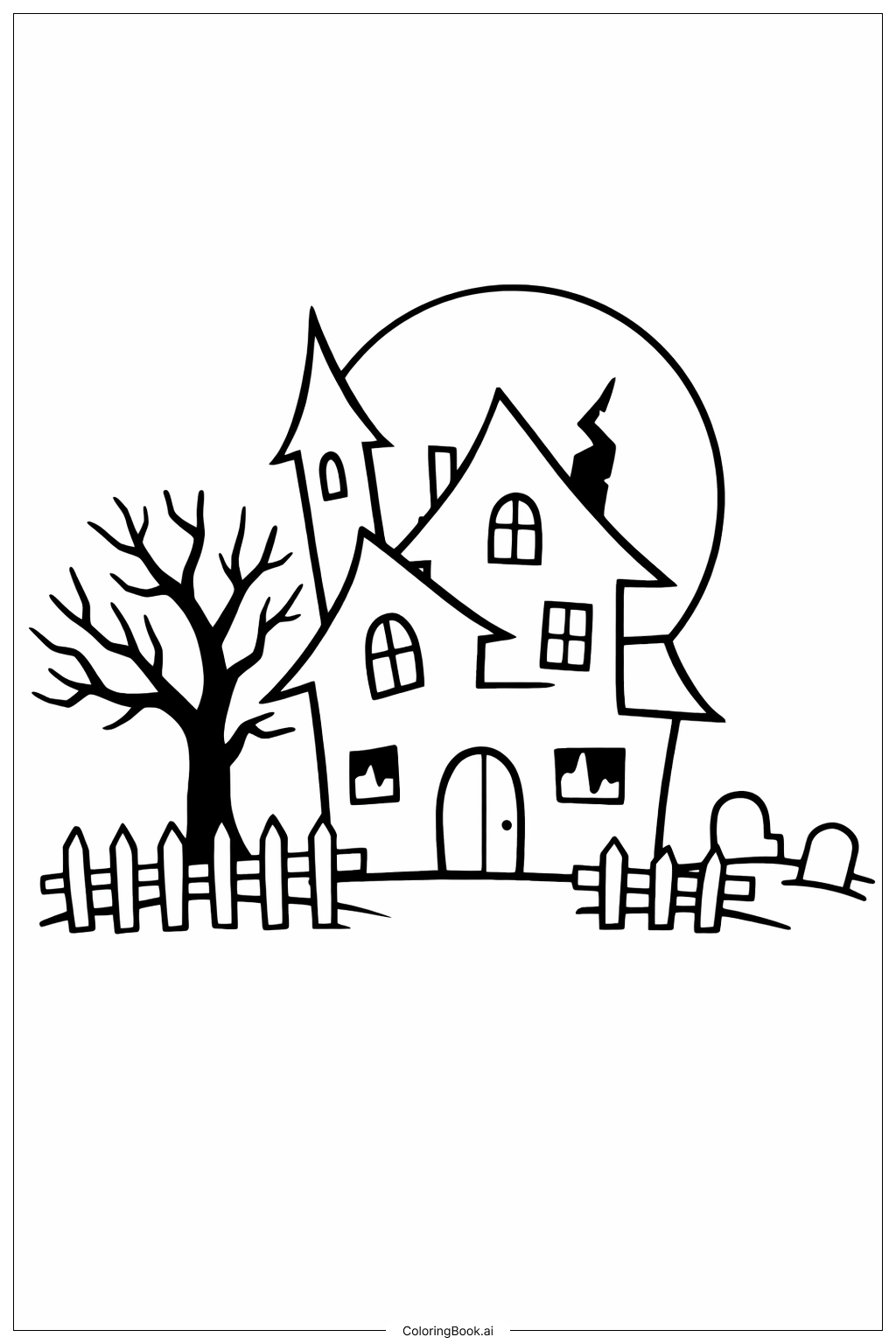  Gruseliges Halloween-Spukhaus mit Mond Ausmalseite 