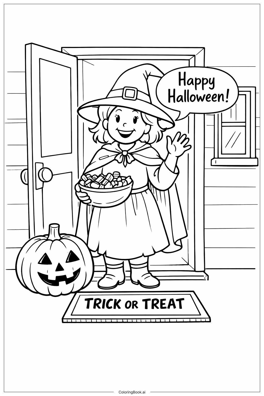  Gruselige Halloween-Hexe auf der Haustürschwelle Ausmalseite 