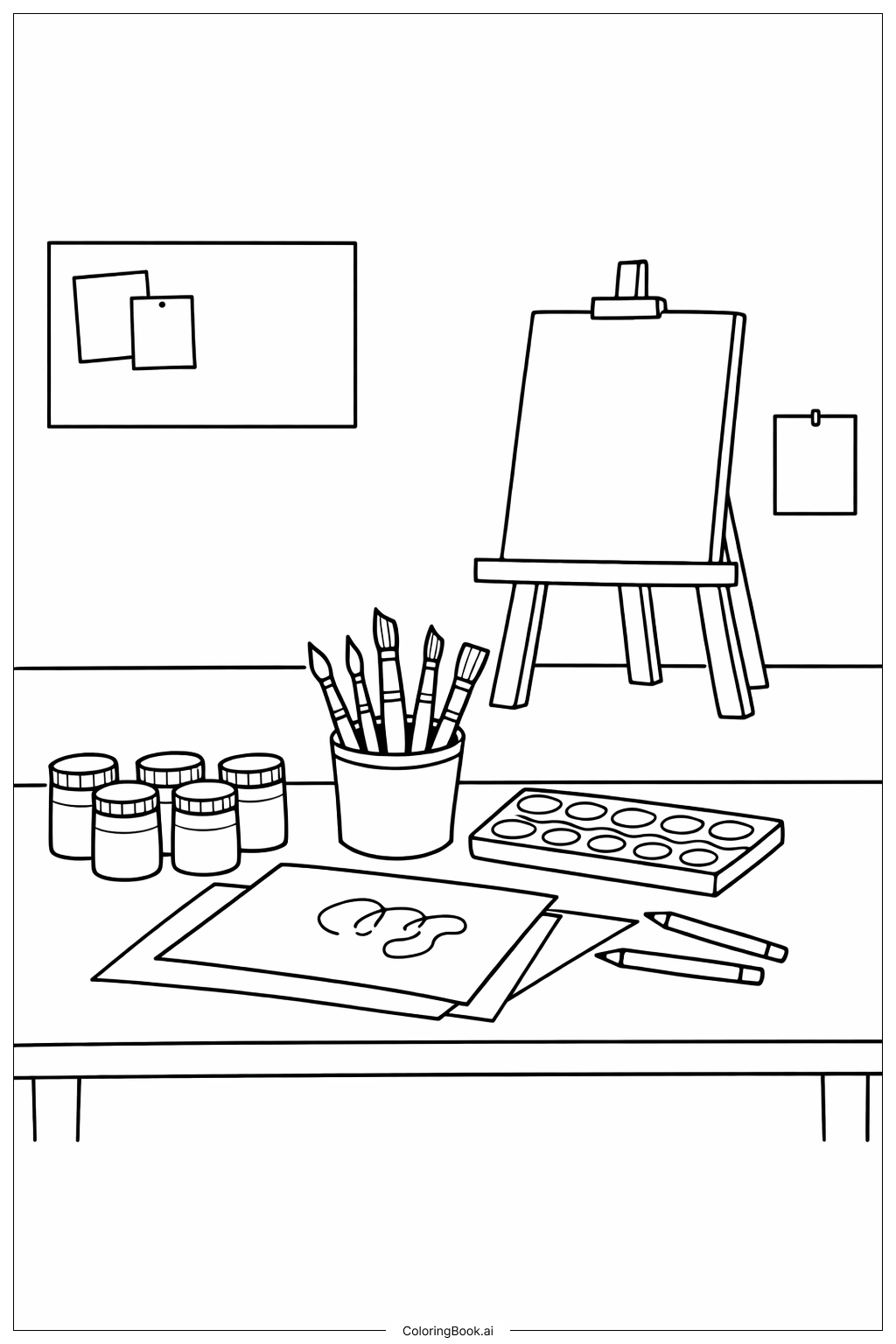 学校美术桌与颜料填色页