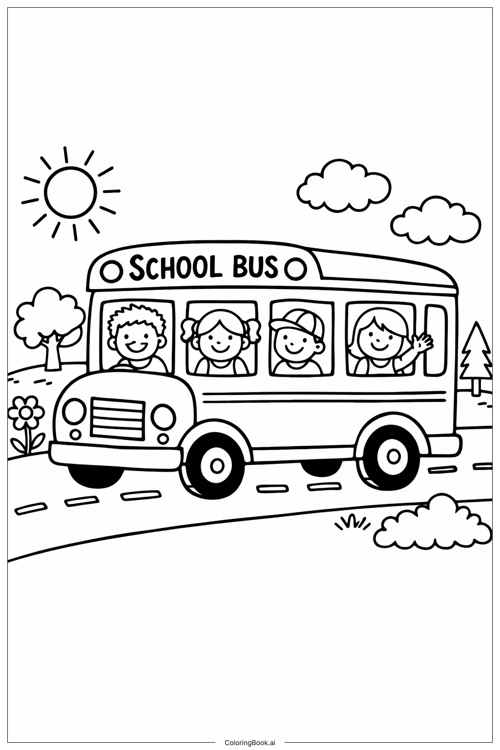  校车涂色画填色页 