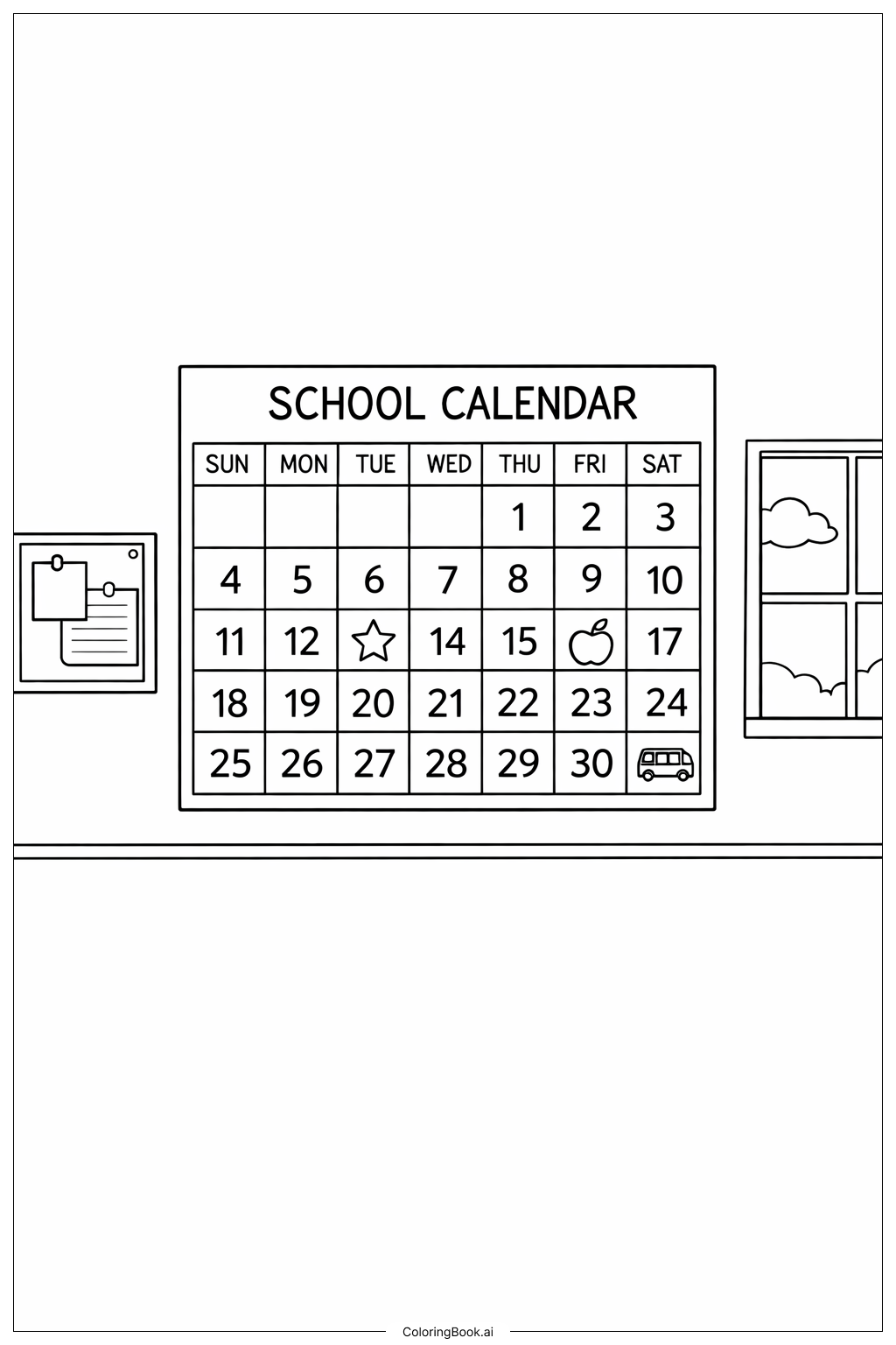  牆上的學校行事曆著色頁 