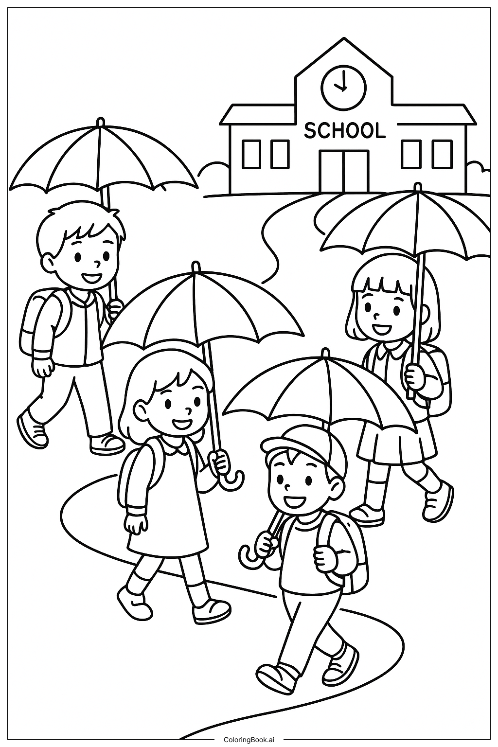  拿着伞的上学孩子填色页 