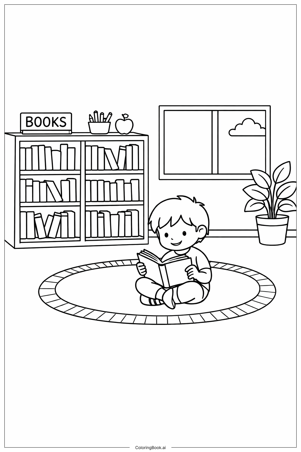 學校圖書館閱讀角落著色頁 