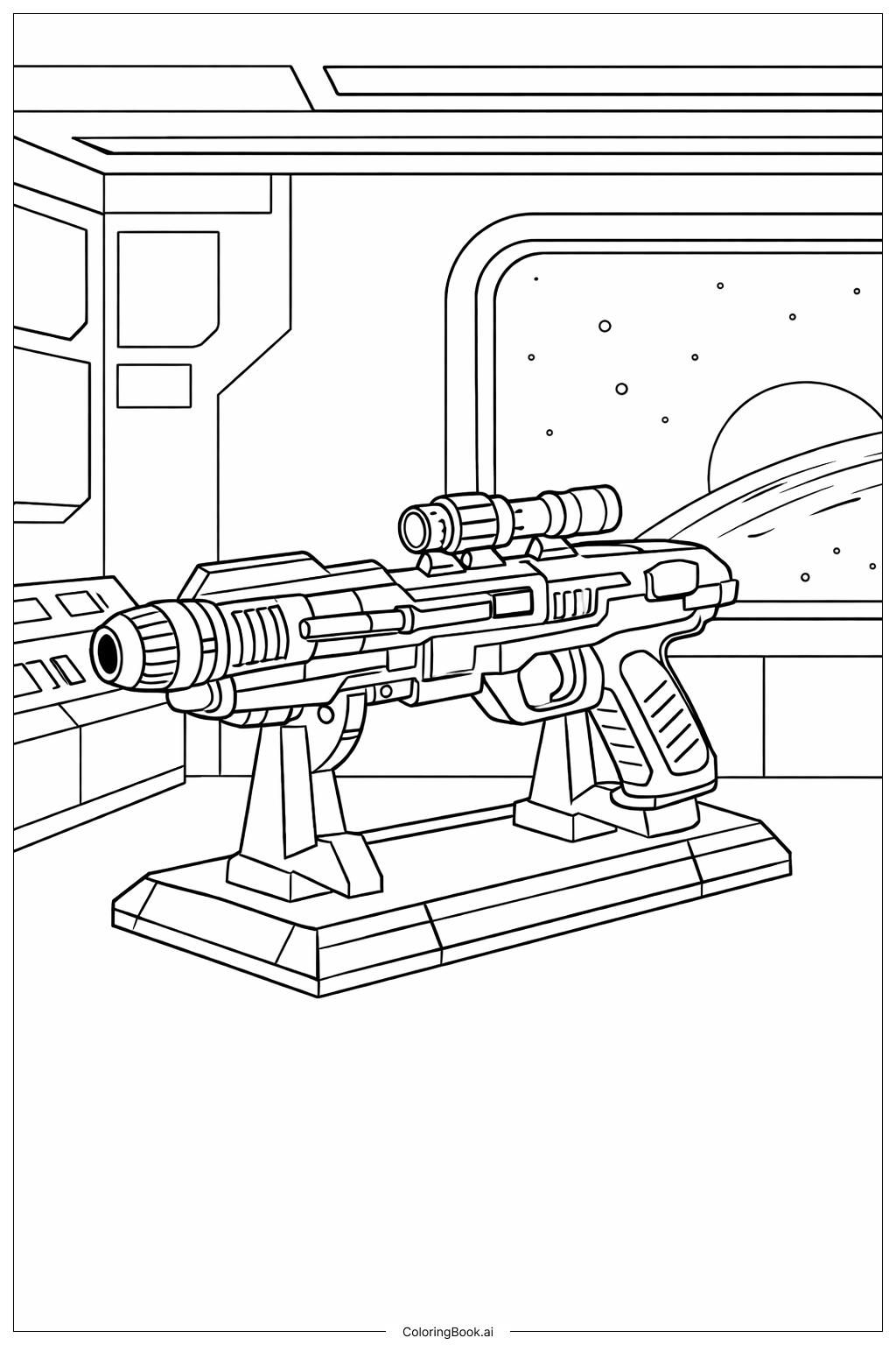  Page de coloriage Scène de Pistolet Blaster Sci-Fi 