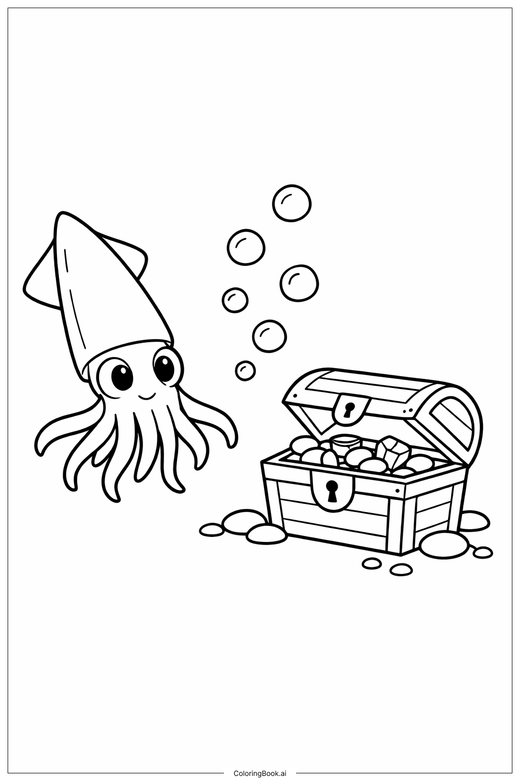  Meeresbewohner Freundlicher Tintenfisch-Szene Ausmalseite 