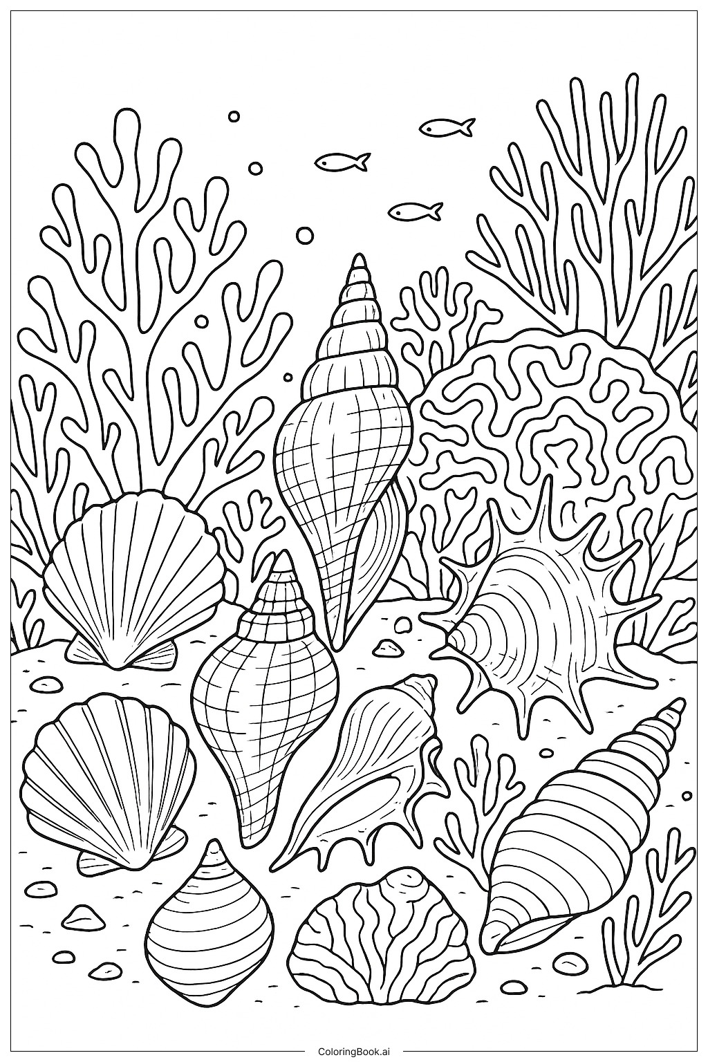 珊瑚園中的海貝殼著色頁