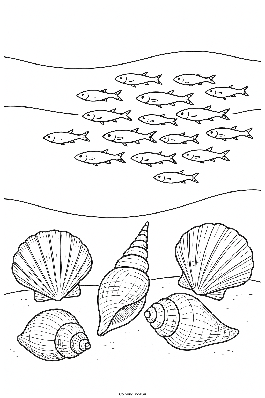 海贝与游泳鱼群填色页