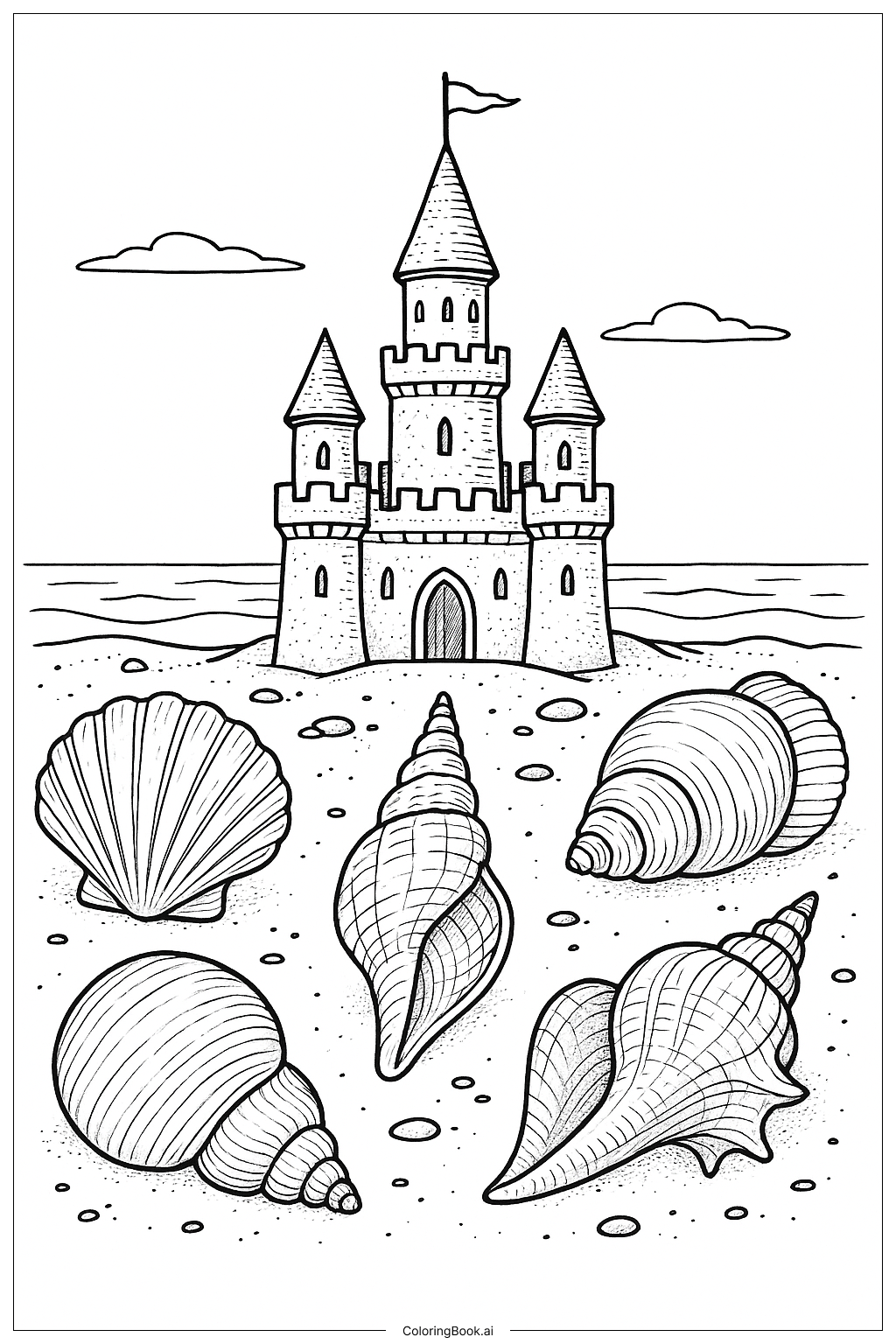  海貝圍繞優雅沙堡著色頁 