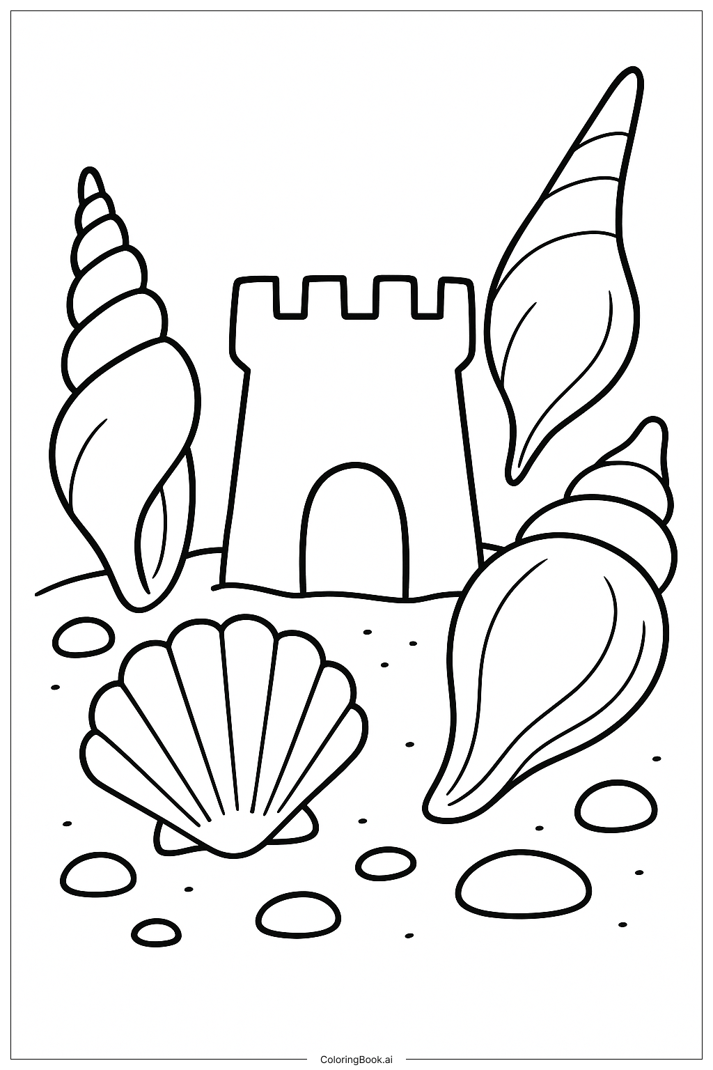 沙堡周围的海贝壳填色页