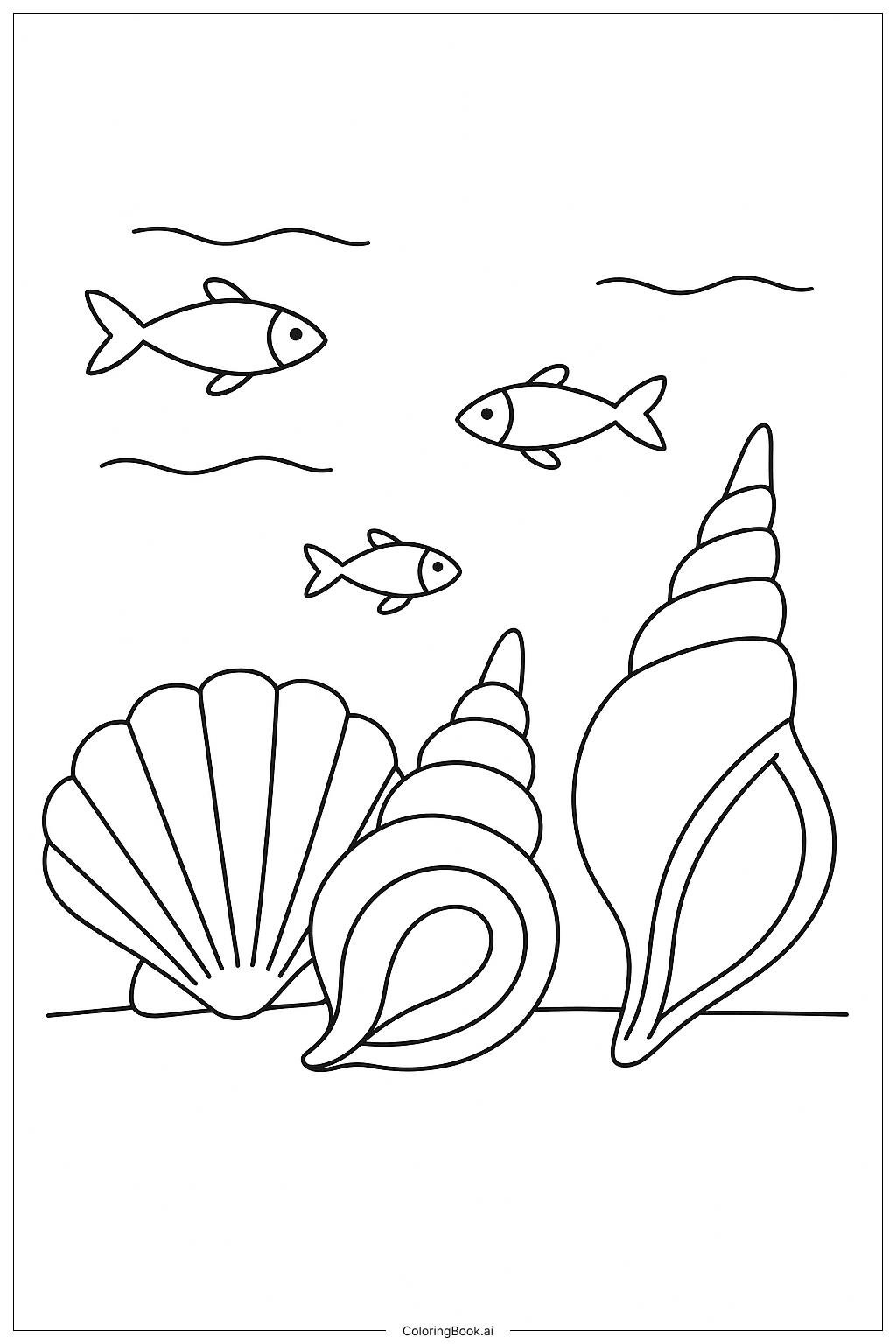  带小鱼的海贝壳填色页 