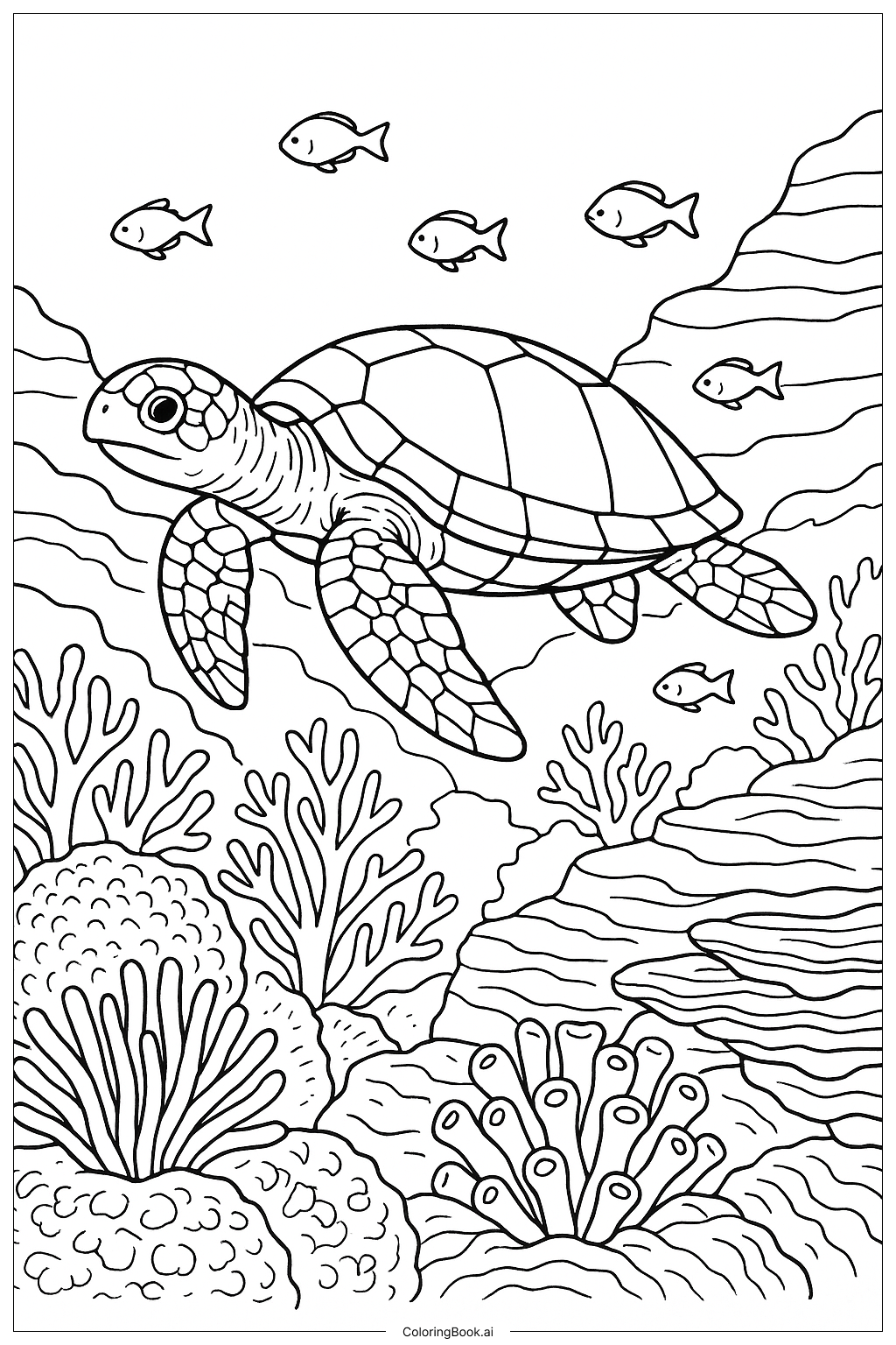 바다 거북과 열대 산호초 풍경 색칠공부 페이지