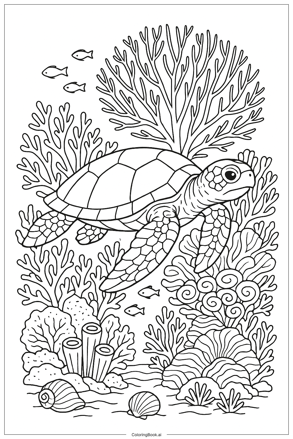  Page de coloriage Scène de jardin corallien avec tortue de mer 