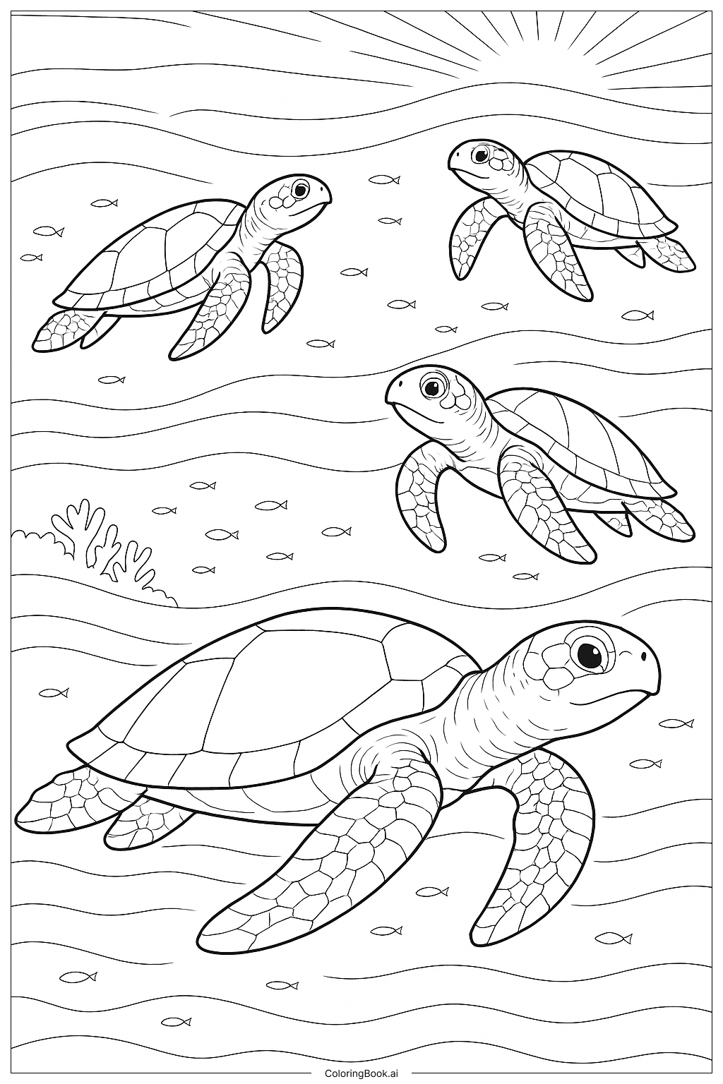  海龟一家迁徙场景填色页 