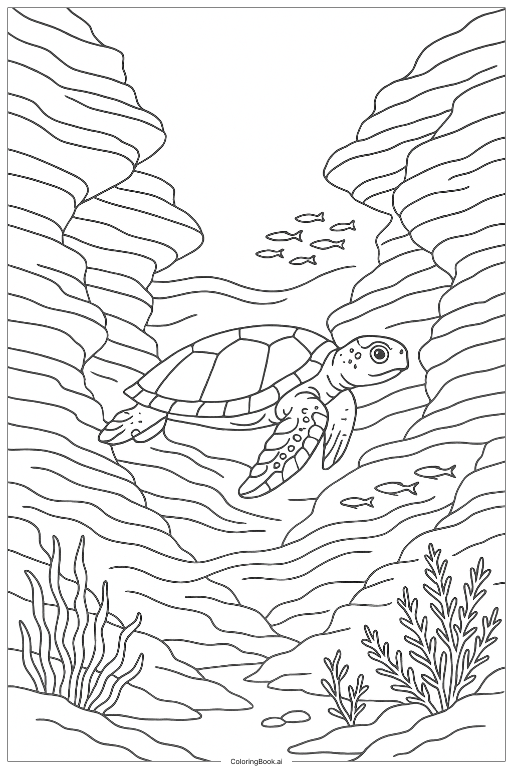  Página para colorir de Tartaruga Marinha Navegando pelo Cânion Submarino 