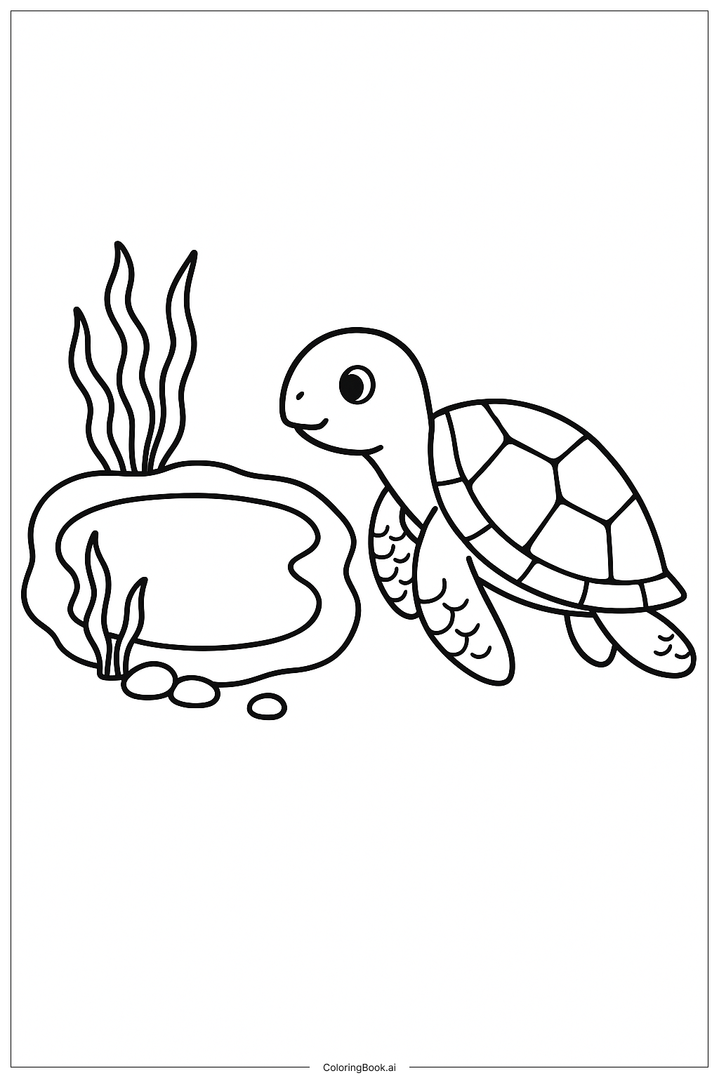  Page de coloriage Tortue de mer près d'une mare rocheuse 
