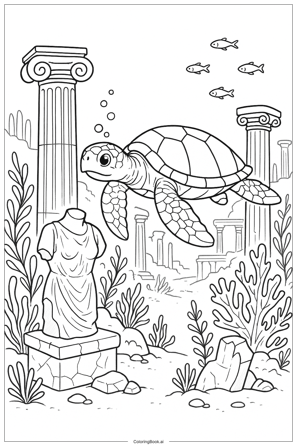 고대 바다 유적과 바다거북이 색칠공부 페이지