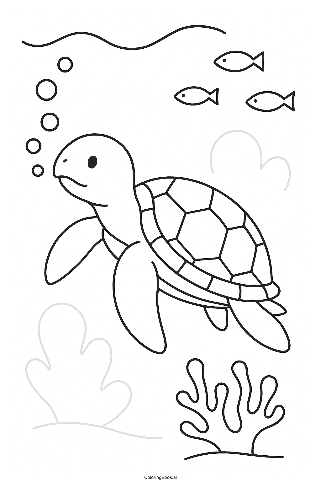  Page de coloriage Tortue de mer avec une traînée de bulles 