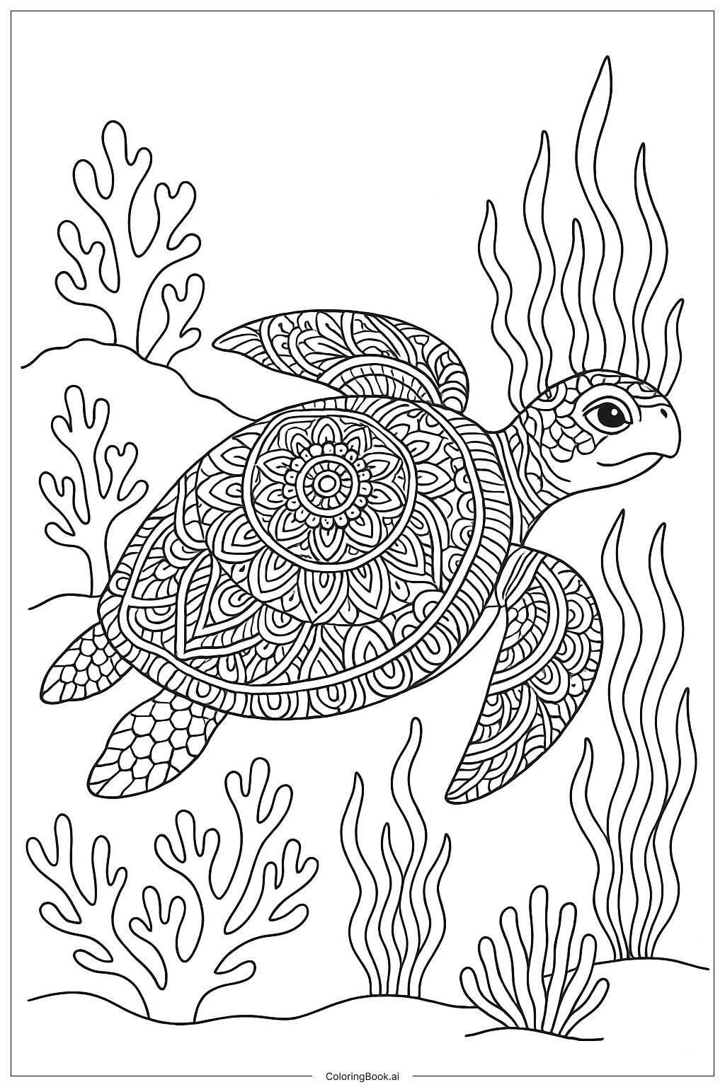  Page de coloriage Tortue de mer avec motifs élaborés sur la carapace 