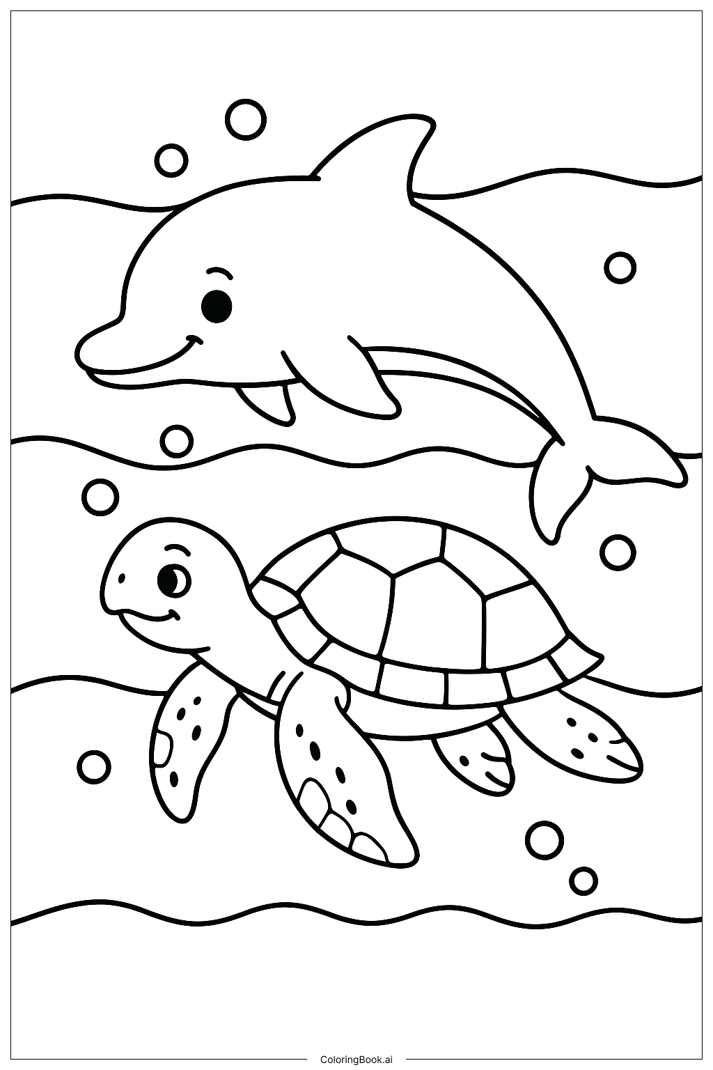  Page de coloriage Tortue de mer avec un dauphin amical 