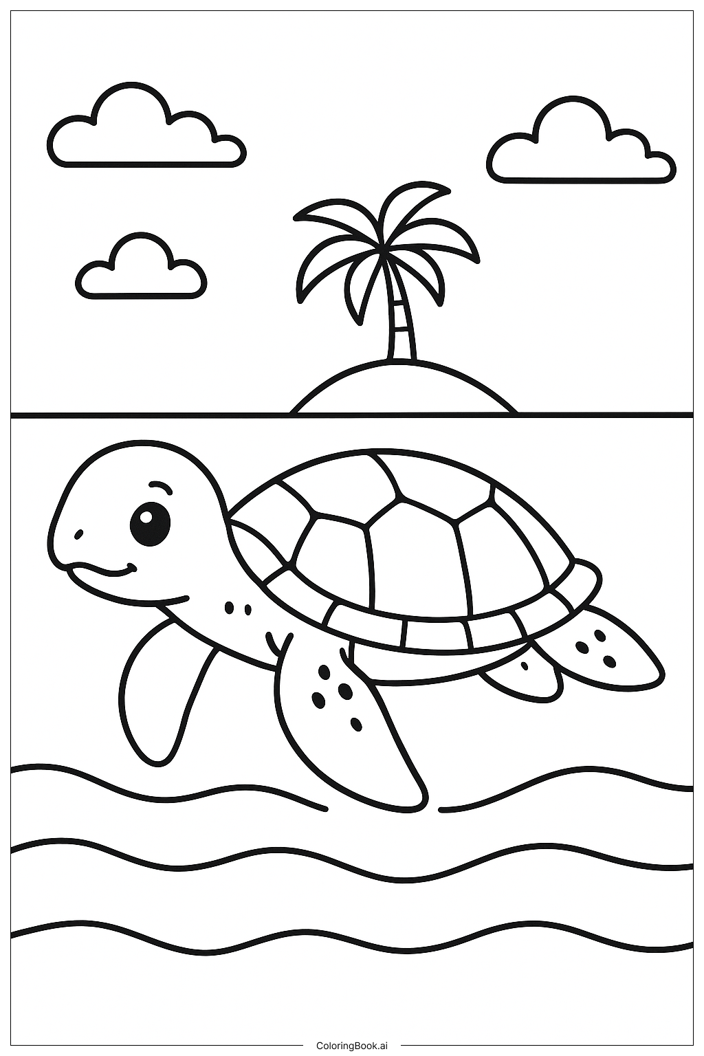  Página para colorir de Tartaruga Marinha com Ilha de Palmeira 