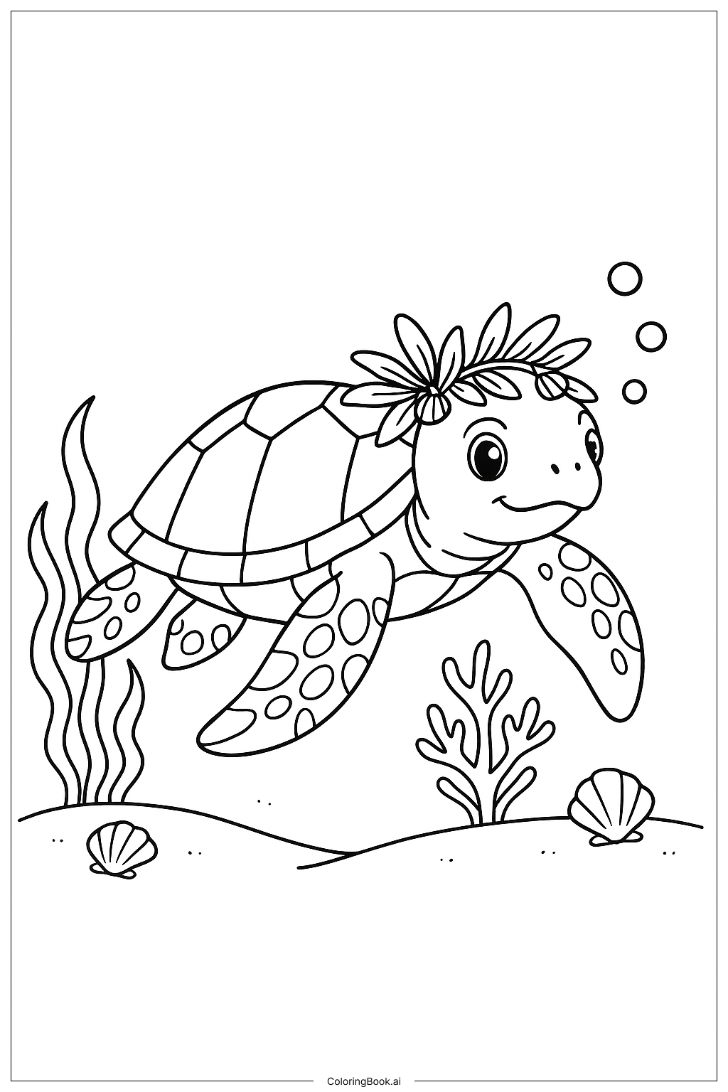  Page de coloriage Tortue de mer avec guirlande d'algues 