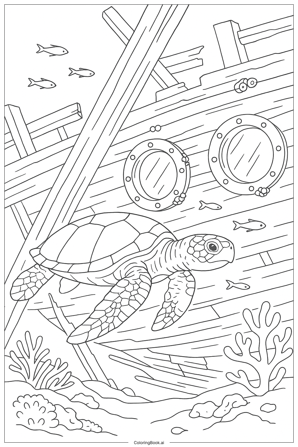  Page de coloriage Tortue de mer avec ruines d'épave 