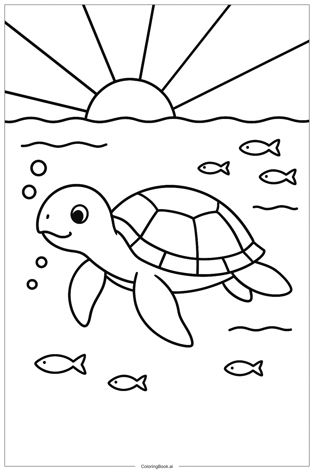 Página para colorir de Tartaruga Marinha com Raios Simples de Sol