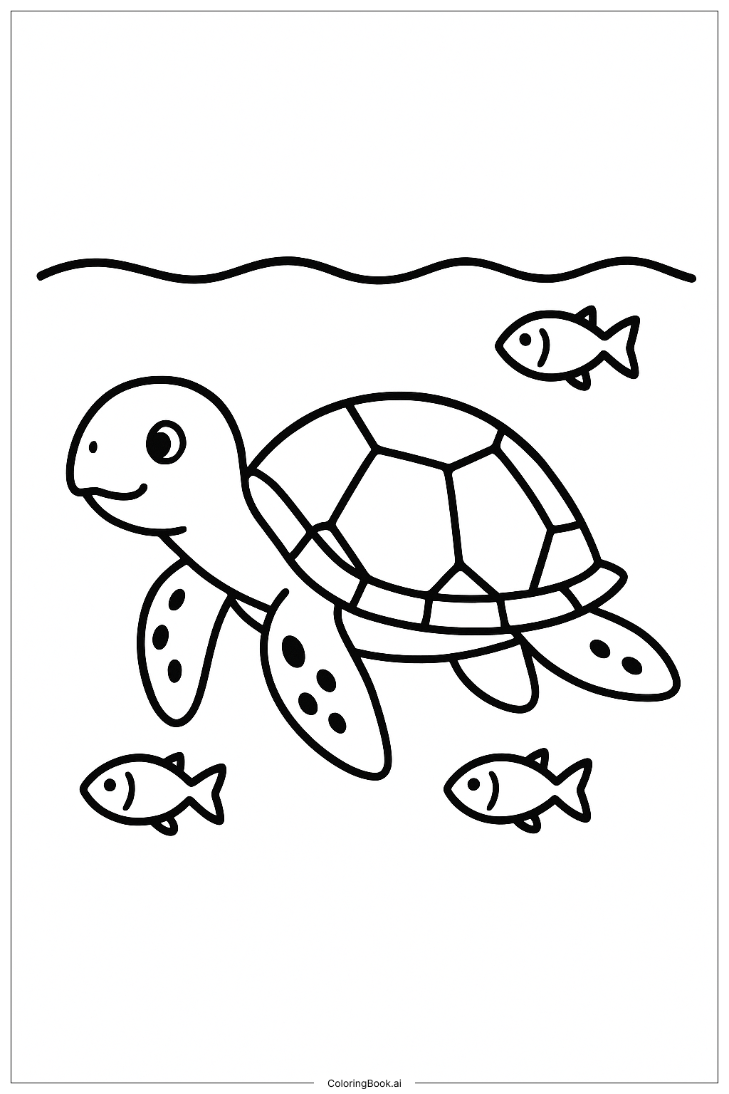  Page de coloriage Tortue de mer avec petits poissons 