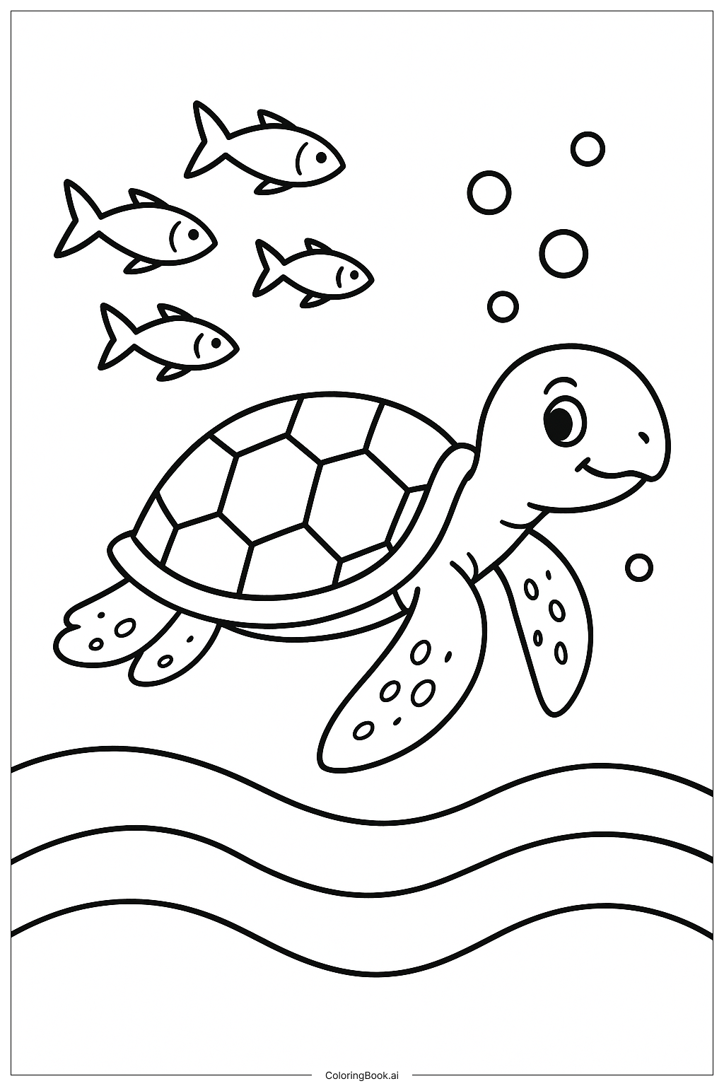  Page de coloriage Tortue de mer avec un petit banc de poissons 