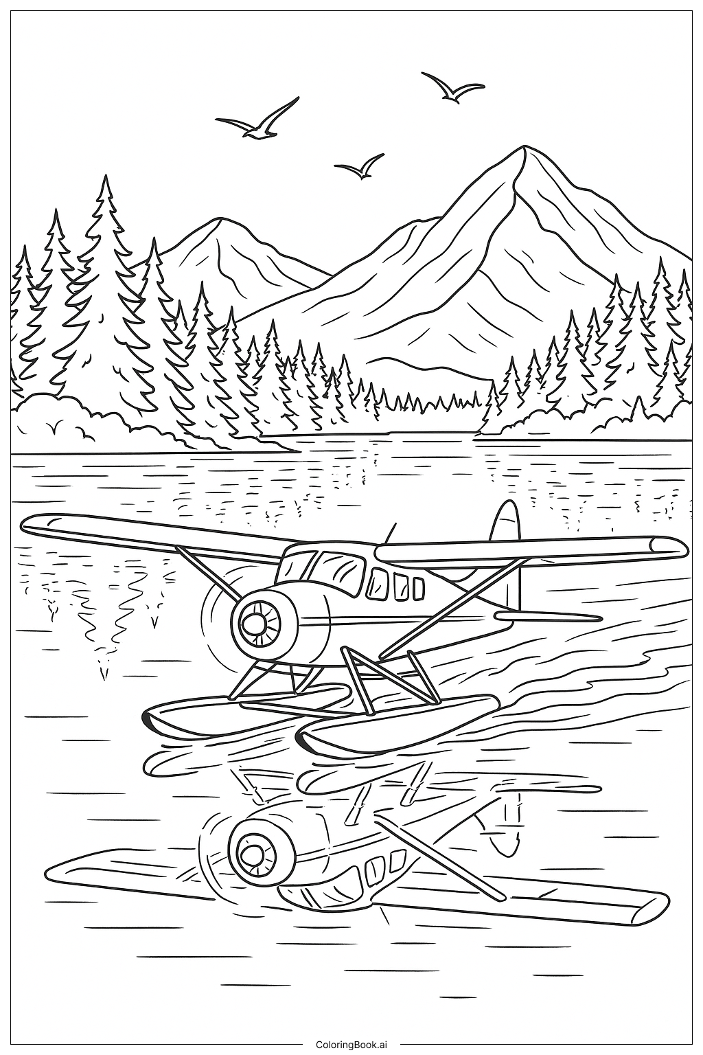 Página para colorir de Hidroavião Pousando no Lago