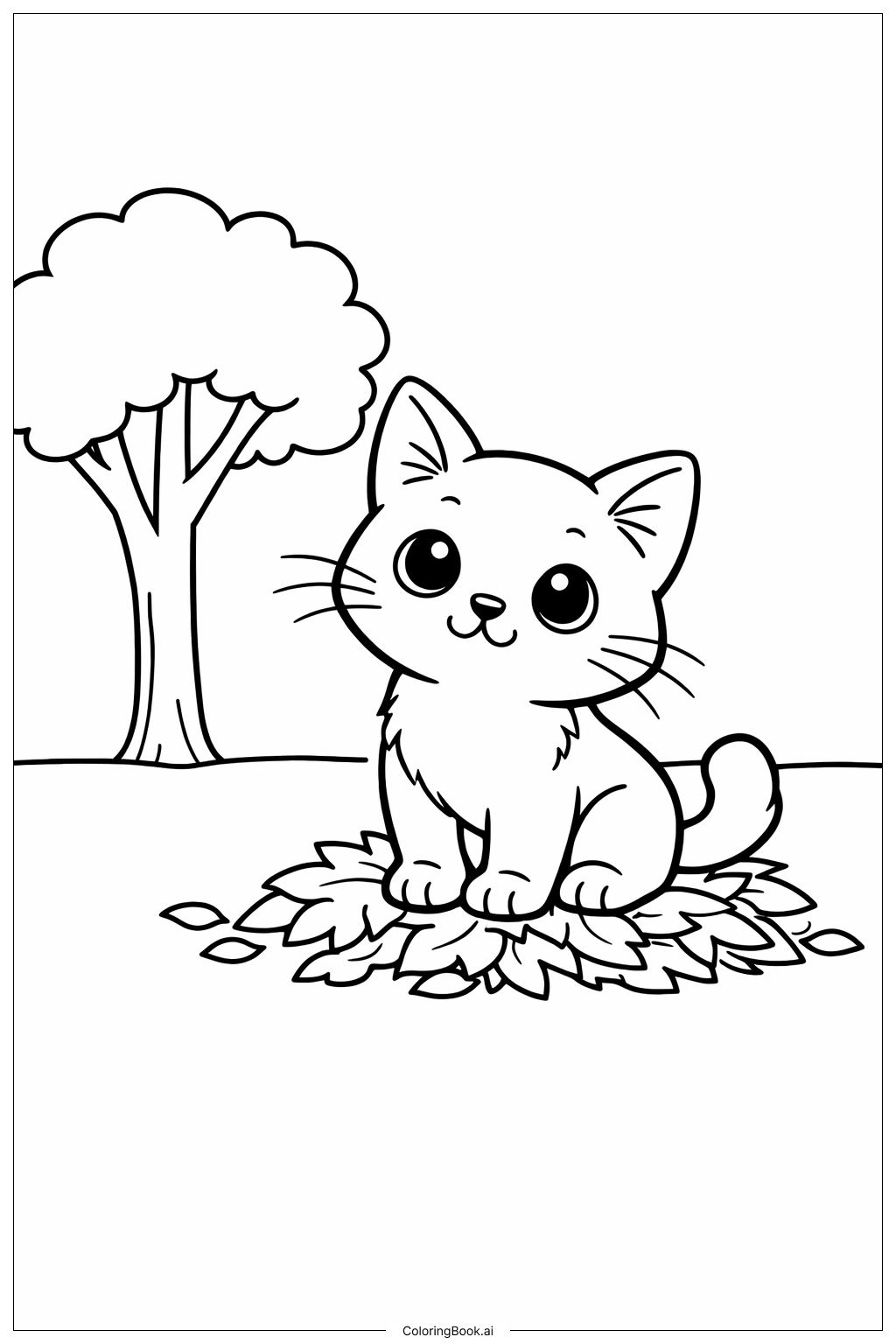  나뭇잎 더미 위의 9월 고양이 색칠공부 페이지 