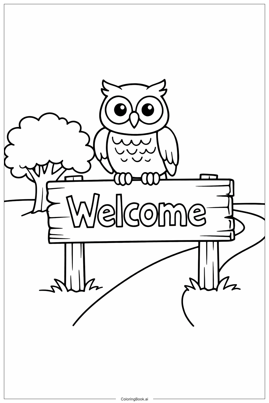  학교 표지판 위의 9월 부엉이 색칠공부 페이지 