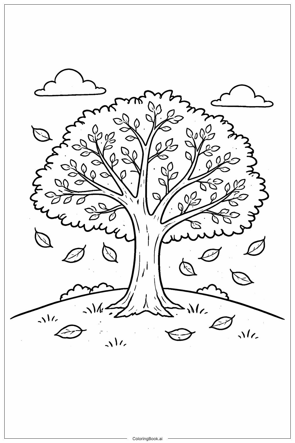  떨어지는 나뭇잎이 있는 9월 나무 색칠공부 페이지 