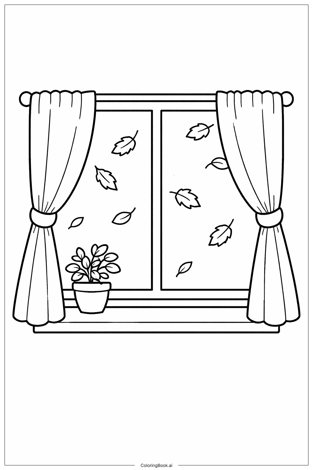 커튼과 나뭇잎이 있는 9월의 창문 색칠공부 페이지 