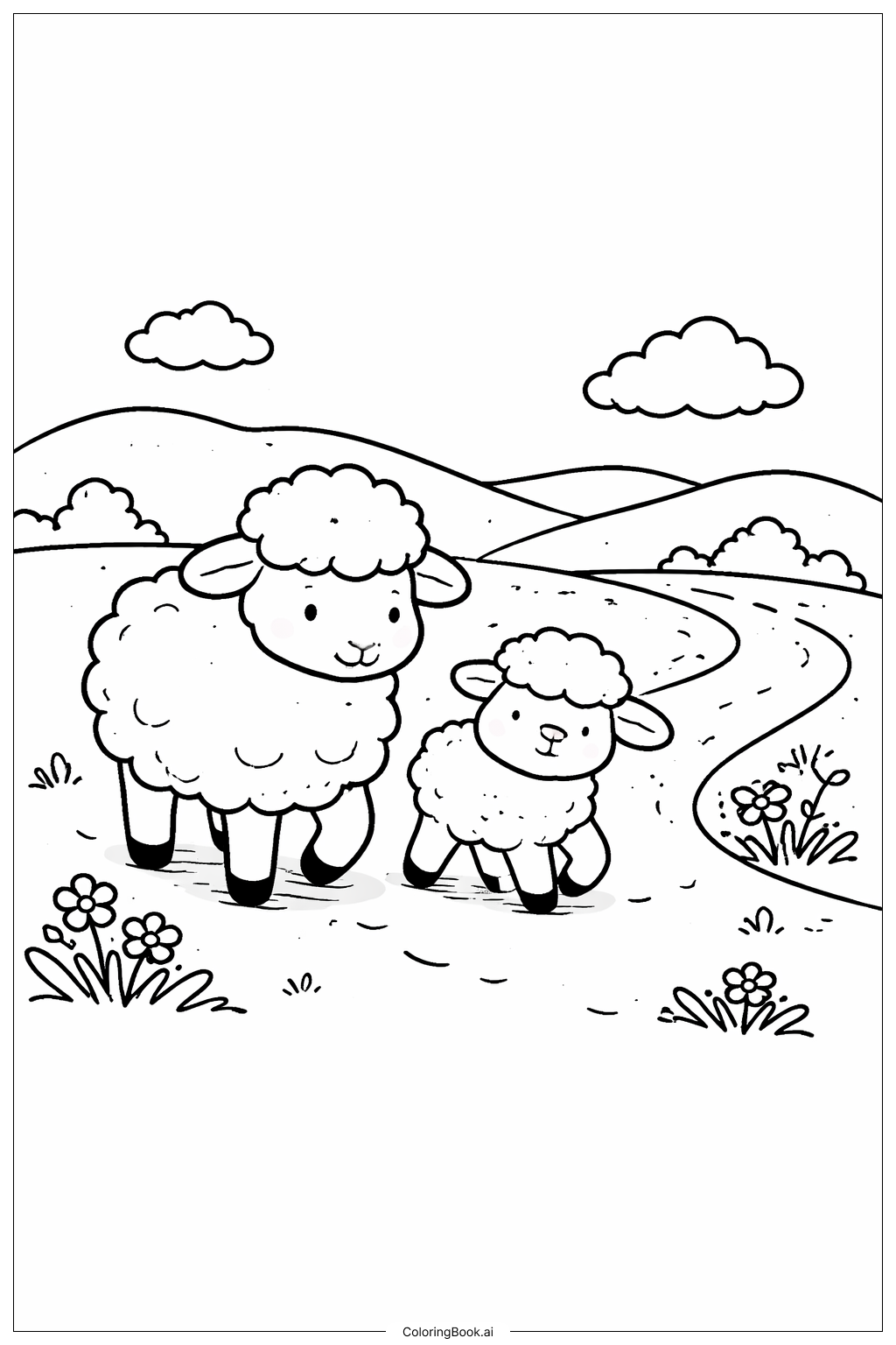  綿羊和小羊散步著色頁 