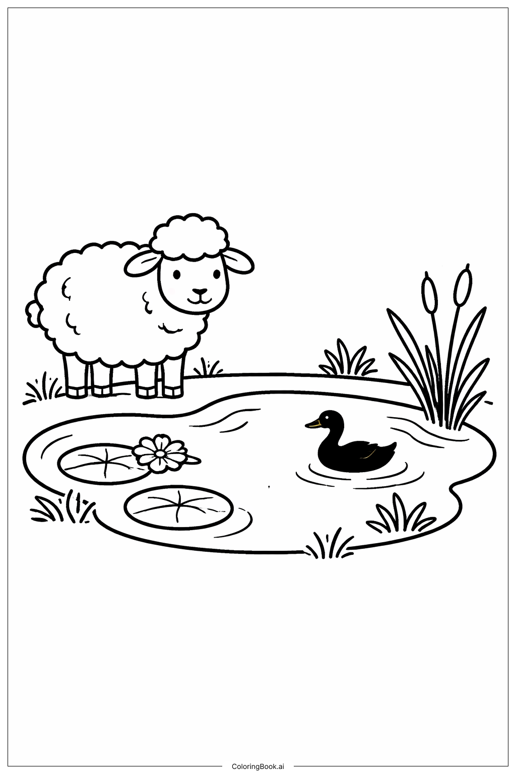  池塘邊的綿羊著色頁 