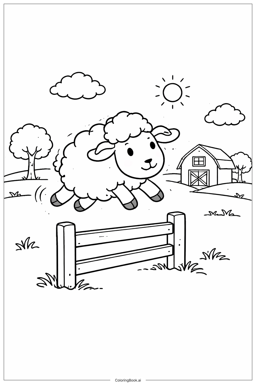  羊跳過柵欄著色頁 