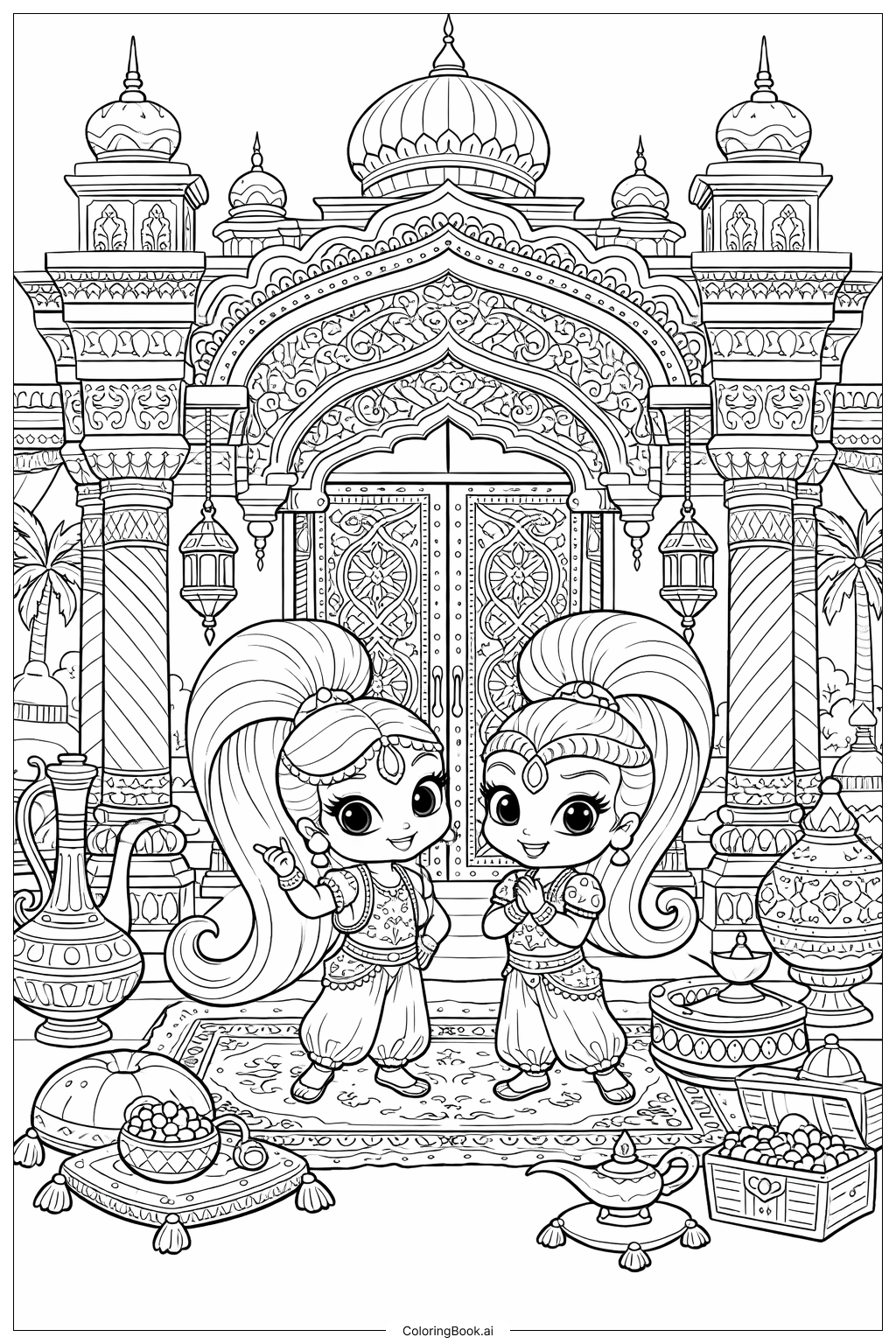 華やかな宮殿のシャイマーとシャインの塗り絵ページ