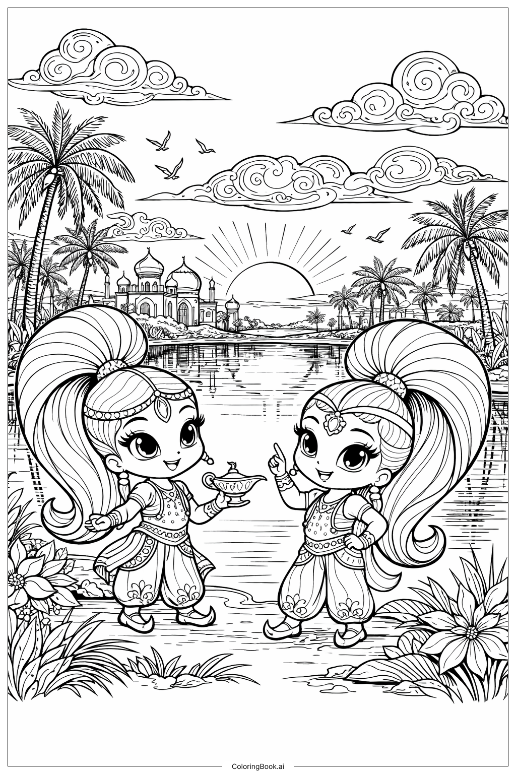  Página para colorear de Shimmer y Shine en el Oasis al Atardecer 