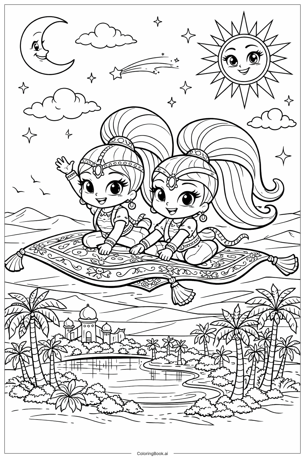  사막 오아시스 위를 나는 쉬머 앤 샤인 색칠공부 페이지 